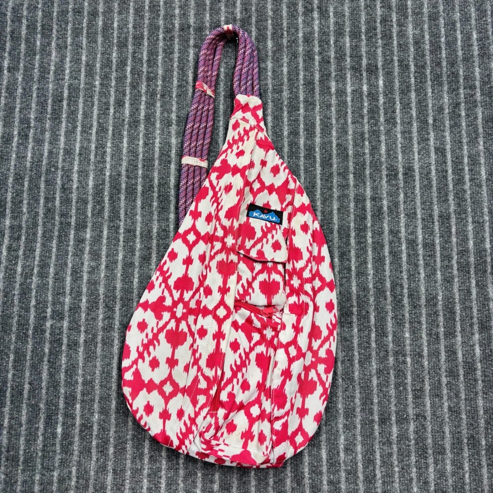 KAVU Rope Bag Sling Backpack Pink White Ikat Geometric Canvas One Size